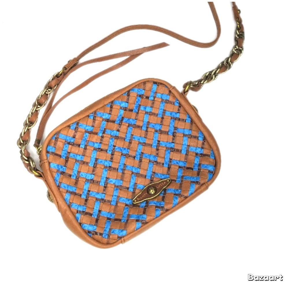 Elliott Lucca Brown Blue Weave Leather Crossbody Purse Bag brass gold chain zip